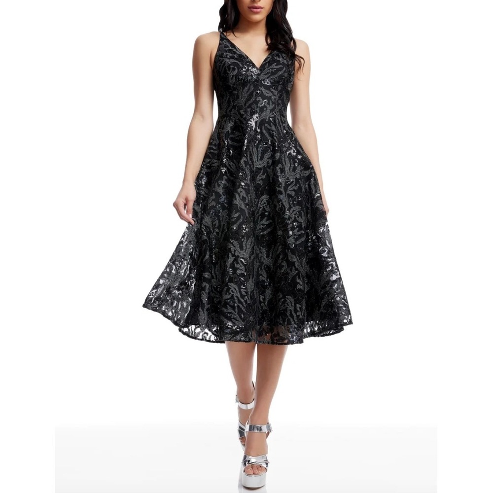 DRESS THE POPULATION Elisa Sequin Lace Midi Dress